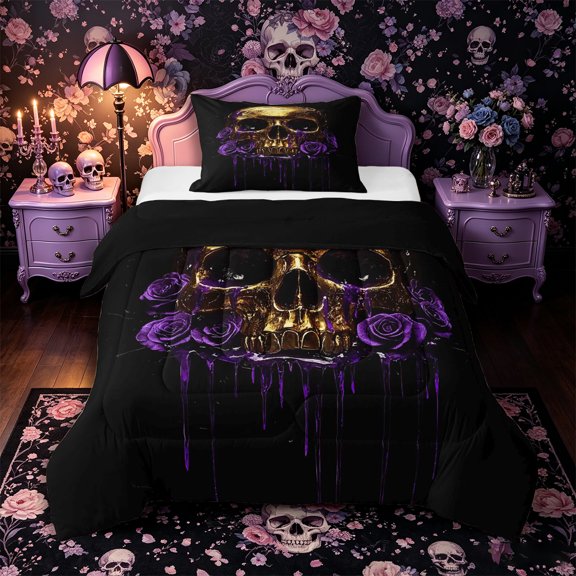 Castle Fairy Luxury Dark Gothic Skull Twin Comforter Sets 2pcs,Watercolor Floral Rose Bedding Set,Gold Violet,1 Comforter and 1 Pillowcase,Black Reversible