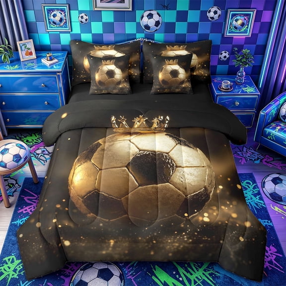 Castle Fairy Luxury Golden Soccer Ball Twin Bedding 7-Piece, Crown Sparkle Design Bedding Comforter Set, Gold Black,Black Reversible