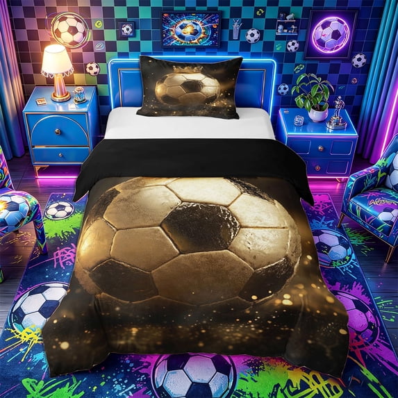 Castle Fairy Luxury Golden Soccer Ball Twin Duvet Cover, Crown Sparkle Design Twin Bedding, Gold Black,Black Reversible,2pcs,1 Duvet Cover and 1 Pillowcase