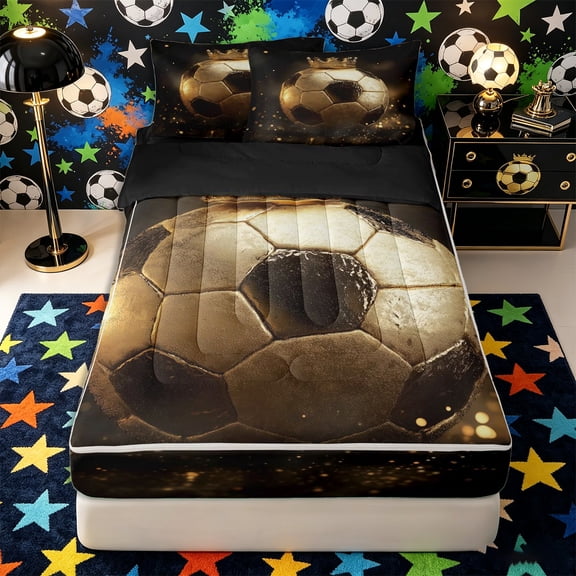 Castle Fairy Luxury Golden Soccer Ball Zipper Full Size Comforter Sets with Fitted Sheet and 2 Pillowcases, Crown Sparkle Design Zipper Bedding Set, Gold Black,4pcs,Black Reversible