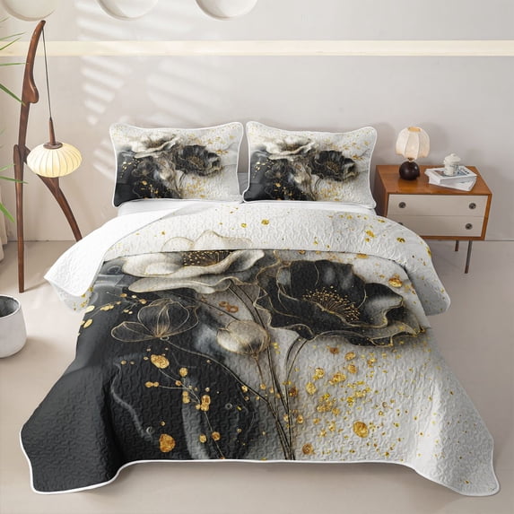 Castle Fairy Luxury Ink Gold Floral Art Twin Quilt Set,Black White Flower Glitter Splash Layout Twin Coverlet Set,Gold Gray