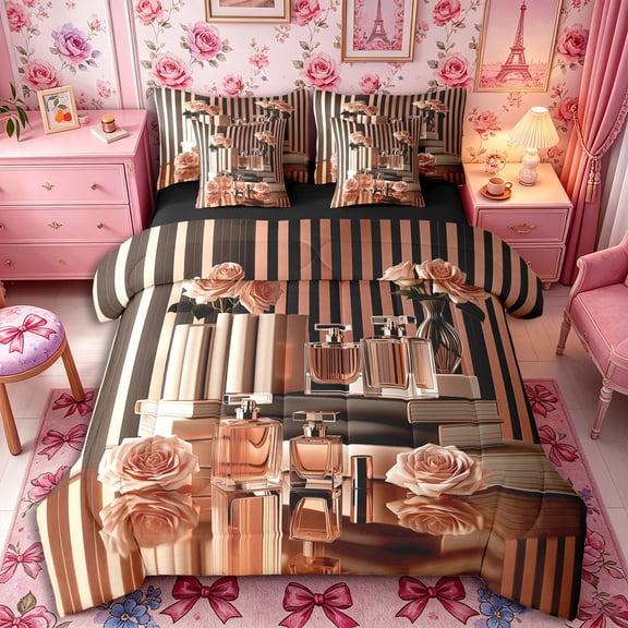 Castle Fairy Luxury Rose Gold Perfume Print Twin Bedding 7-Piece,Modern Rose Stripe Book Pattern Bedding Comforter Set,Black Rose Gold,Black Reversible