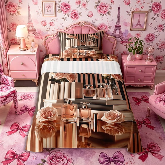Castle Fairy Luxury Rose Gold Perfume Print Twin Sheets 3pcs,Modern Rose Stripe Book Pattern Bedding,Black Rose Gold,1 Fitted Sheet, 1 Flat Sheet and 1 Pillowcase