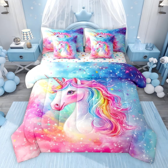 Castle Fairy Magic Unicorn Bedding Comforter Set,Dreamy Princess Animal Full Bedding Set