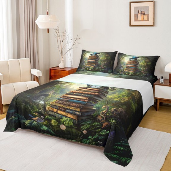 Castle Fairy Magical Books Twin Sheet Sets,Vintage Nature Jungle Bedding