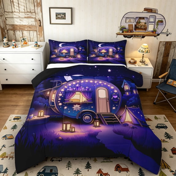 Castle Fairy Magical Camper Full Size Comforter Sets 3 Pieces for Girls, Starry Night Print Bedding Sets for Bedroom, Purple Black,Black Reversible