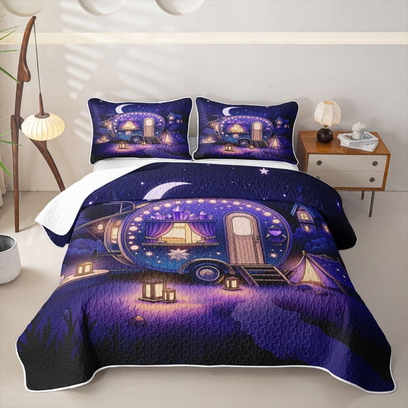 Castle Fairy Magical Camper Quilt Full for Girls,Starry Night Print Full Bedspread Sets for Bedroom,Purple Black