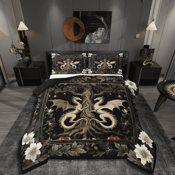 Castle Fairy Magical Dragon 3 Pieces Queen Comforter Set,Bohemian Flower Ultra Soft Bedding Sets,Exotic Style Bedding Comforter Set,Luxury Teenager Bedroom Decor,Reversible