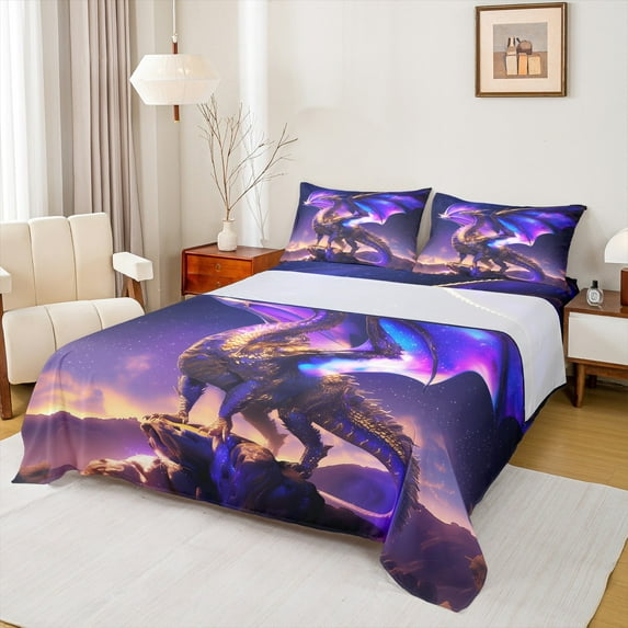 Castle Fairy Magical Dragon 3pcs Twin Sheet Sets,Galaxy Universe Twin Fitted Sheet,Abstract Animal Breathable Flat Sheet,Super Cozy Gradient Room Decor