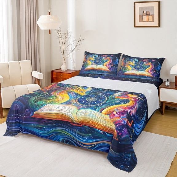 Castle Fairy Magical Dragon 4-Piece Full Size Sheets,Constellations Astrology Bed Sheets,Abstract Vintage Lightweight Sheet Sets,Super Cozy Wildlife Room Decor