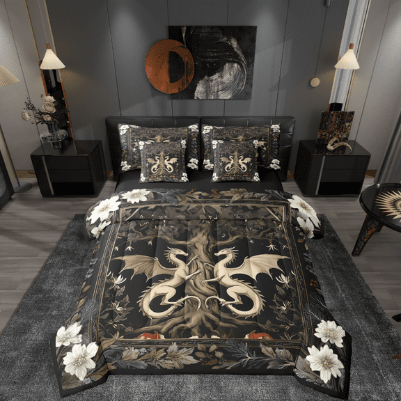 Castle Fairy Magical Dragon 7-Piece Bedding Comforter Set,Bohemian Flower King Bedding Sets,Exotic Style Ultra Soft Bed Sheets,Luxury Teenager Bedroom Decor,Reversible