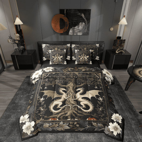 Castle Fairy Magical Dragon 7pcs Bedding Comforter Set,Bohemian Flower Queen Bedding Sets Super Cozy,Exotic Style Queen Sheet Sets,Luxury Teenager Bedroom Decor,Reversible