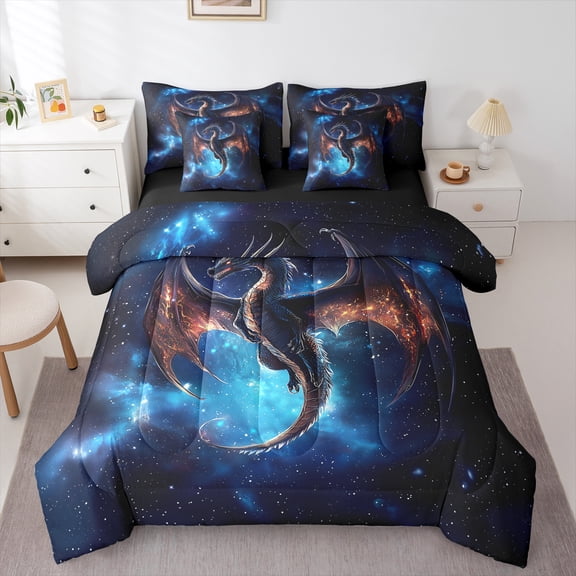 Castle Fairy Magical Dragon Boy Twin Bedding Sets 7-Piece,Universe Galaxy Bedding Comforter Set Microfiber,Starry Sky Breathable Sheet Sets,Ultra Soft Home Decor,Reversible