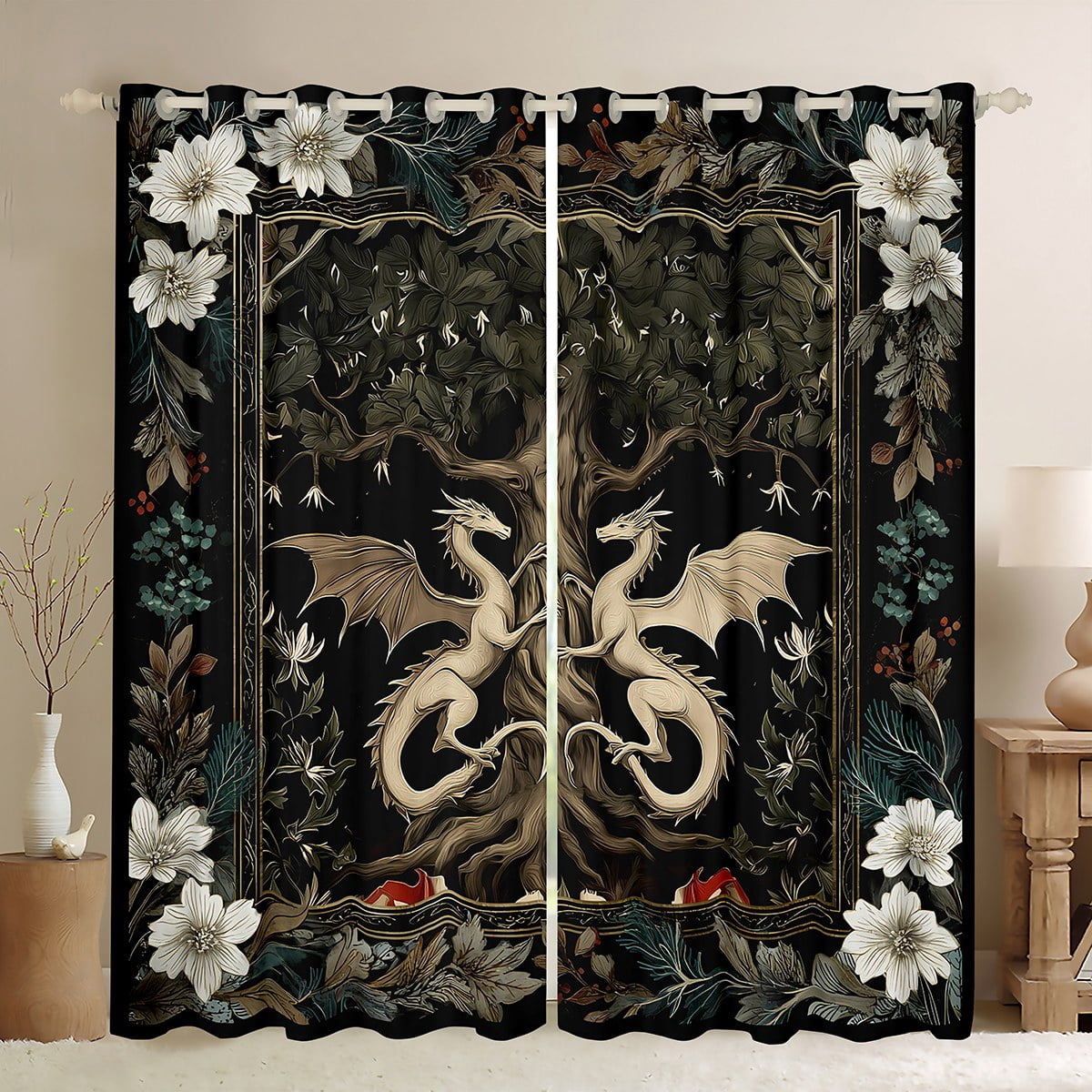 Castle Fairy Magical Dragon Curtains and Drapes,Bohemian Flower Black ...