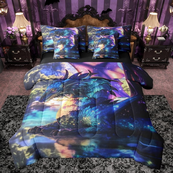 Castle Fairy Magical Dragon Twin Bedding Sets 7-Piece for Boys Girls,Abstract Gradient Animal Bedding Comforter Set Microfiber,Ombre Starry Sky Breathable Sheet Sets,Lightweight Room Decor