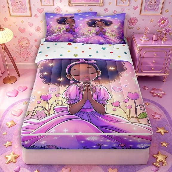 Castle Fairy Magical Fairy Afro Princess Zipper Full Size Comforter Sets with Fitted Sheet and 2 Pillowcases,Purple Star Flower Heart Zipper Bedding Set,Purple Pink,4pcs