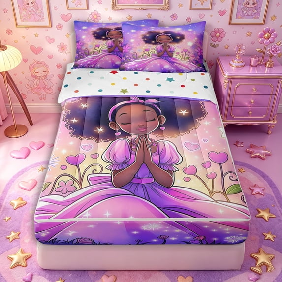 Castle Fairy Magical Fairy Afro Princess Zipper Twin Comforter Sets with Fitted Sheet and 2 Pillowcases,Purple Star Flower Heart Zipper Bedding Set,Purple Pink,4-Piece