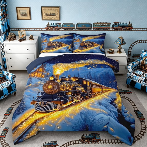 Castle Fairy Magical Train Full Size Comforter Sets 3 Pieces for Kids, Winter Light Print Bedding Sets for Bedroom, Black Gold,Navy Blue Reversible
