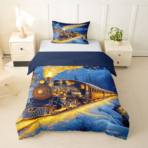 Castle Fairy Magical Train Twin Bedding for Kids, Winter Light Print Duvet Cover Set for Bedroom, Black Gold,Navy Blue Reversible,2pcs,No Comforter