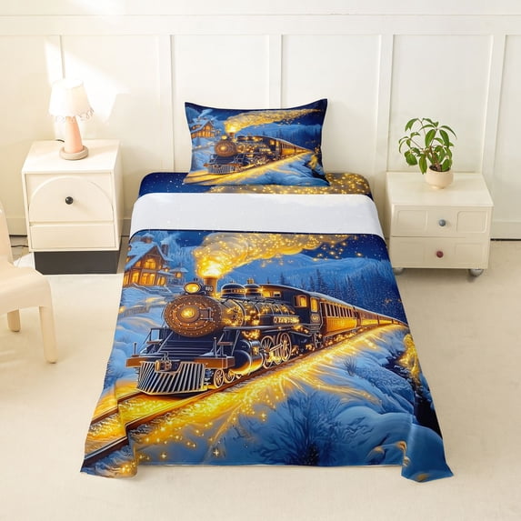 Castle Fairy Magical Train Twin Sheet Sets 3pcs for Kids, Winter Light Print Bedding for Bedroom, Black Gold
