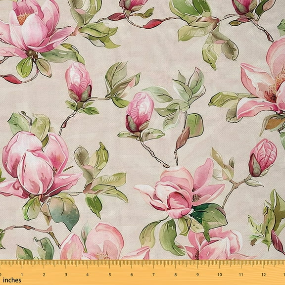 Castle Fairy Magnolia Flower Girl Fabric by the Yard 5 Yards,Green Pink Fabric for Sewing,Spring Graden Home Decor Fabric by the Yard,Lightweight Room Decor