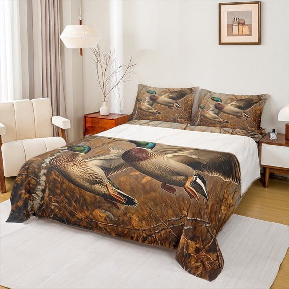 Castle Fairy Mallard Duck 3pcs Twin Sheet Sets,Tree Branches Twin Fitted Sheet,Rustic Animal Breathable Flat Sheet,Lightweight Wildlife Room Decor