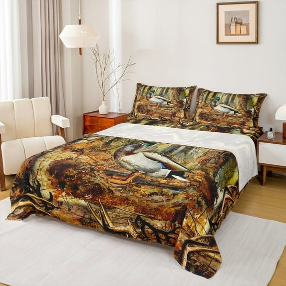 Castle Fairy Mallard Duck 4-Piece Full Size Sheets,Botanical Plants Bed Sheets,Abstract Vintage Lightweight Sheet Sets,Breathable Animal Home Decor