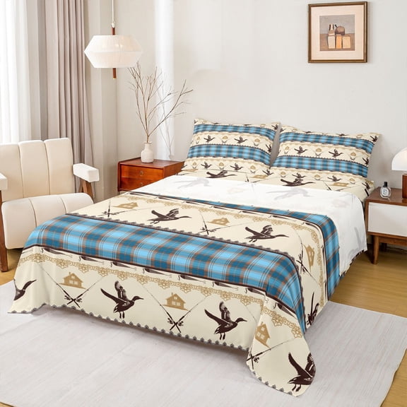 Castle Fairy Mallard Duck Bed Sheets for Female Men,Abstract Geometric Plaid King Sheets