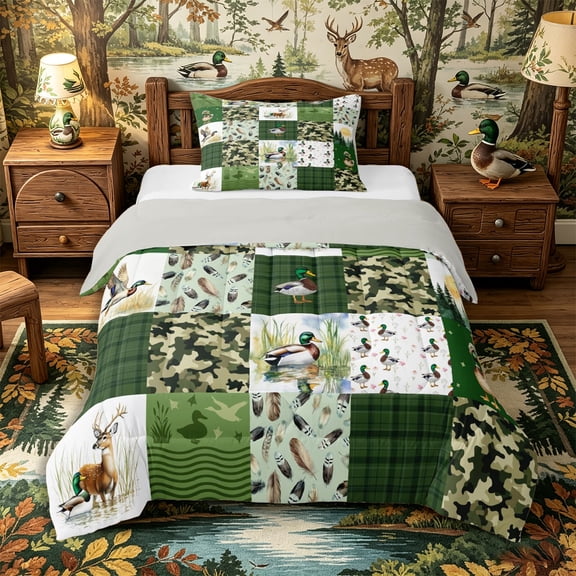 Castle Fairy Mallard Duck Deer Twin Comforter Sets 2pcs,Vintage Camo Geometric Plaid Bedding Set,Moss Brown Cream,Grey Reversible,1 Comforter and 1 Pillowcase