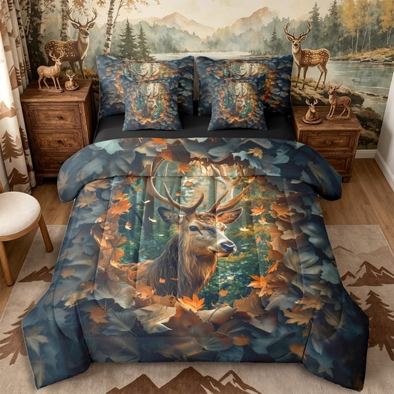 Castle Fairy Maple Leaves Deer 7-Piece Twin Bedding,Autumn Jungle Wildlife Bedding Comforter Set,Rust Brown Cream,Black Reversible