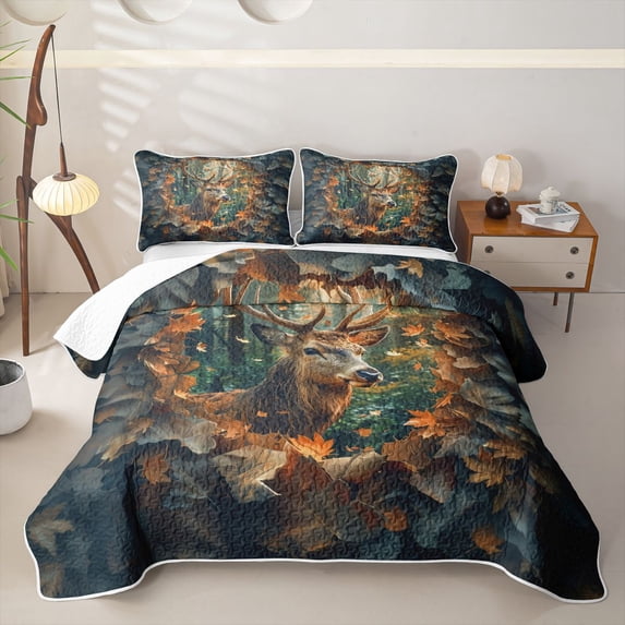 Castle Fairy Maple Leaves Deer Twin Quilt Set,Autumn Jungle Wildlife Twin Coverlet Set,Rust Brown Cream