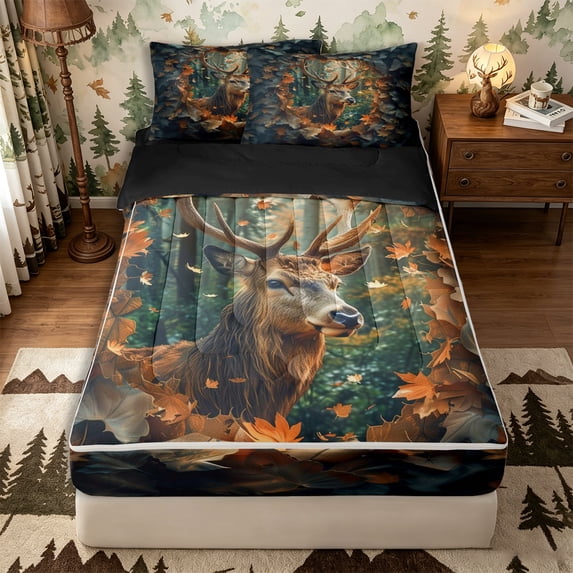 Castle Fairy Maple Leaves Deer Zipper Twin Size Comforter Sets with Fitted Sheet and 2 Pillowcases,Autumn Jungle Wildlife Zipper Bedding Set,Rust Brown Cream,Black Reversible,4-Piece