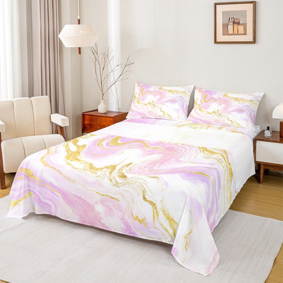 Castle Fairy Marble Watercolor 3Pcs Twin Sheet Sets for Teens Women Men,Abstract Marbling Twin Fitted Sheet,Stone Pattern Breathable Flat Sheet,Lightweight Room Decor