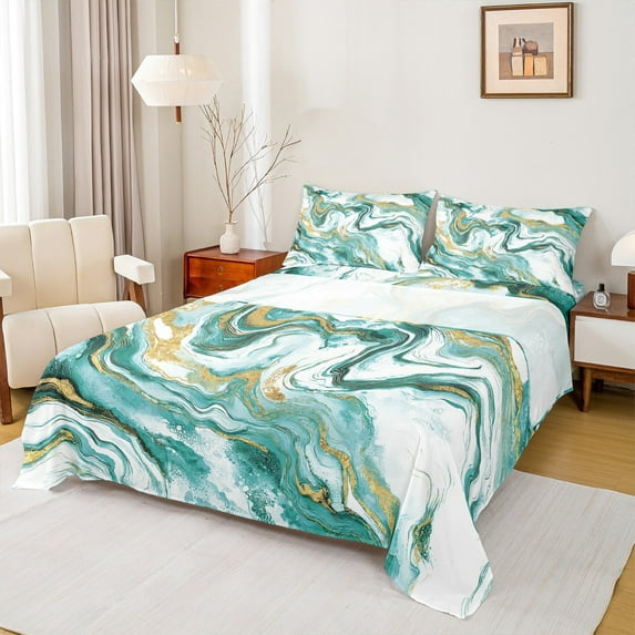 Castle Fairy Marble Watercolor 4 Pieces Queen Sheet Sets for Teens Women Men,Abstract Marbling Ultra Soft Flat Sheet,Stone Pattern Queen Fitted Sheet,Lightweight Room Decor