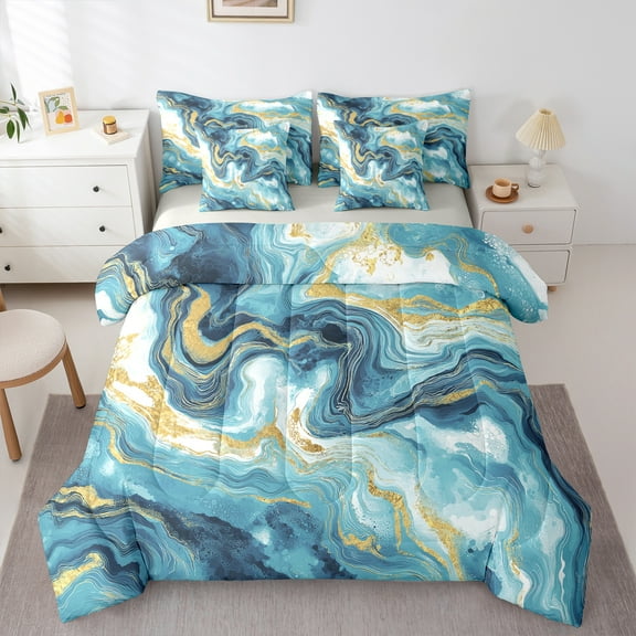 Castle Fairy Marble Watercolor 7-Piece Twin Bedding Sets for Teens Women Men,Abstract Marbling Bedding Comforter Set,Stone Pattern Breathable Sheet Sets,Lightweight Room Decor