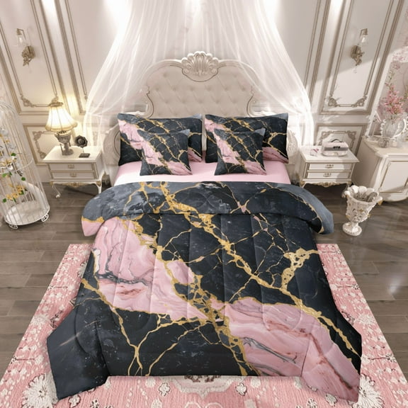 Castle Fairy Marble Watercolor 7pcs Bedding Comforter Set,Black Pink Golden Queen Bedding Sets Super Cozy,Stone Pattern Queen Sheet Sets,Breathable Stone Pattern Home Decor,Reversible