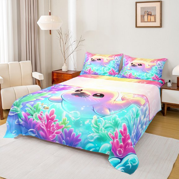 Castle Fairy Marine Seal Twin Sheet Sets for Kids,Cartoon Ocean Animal Bedding