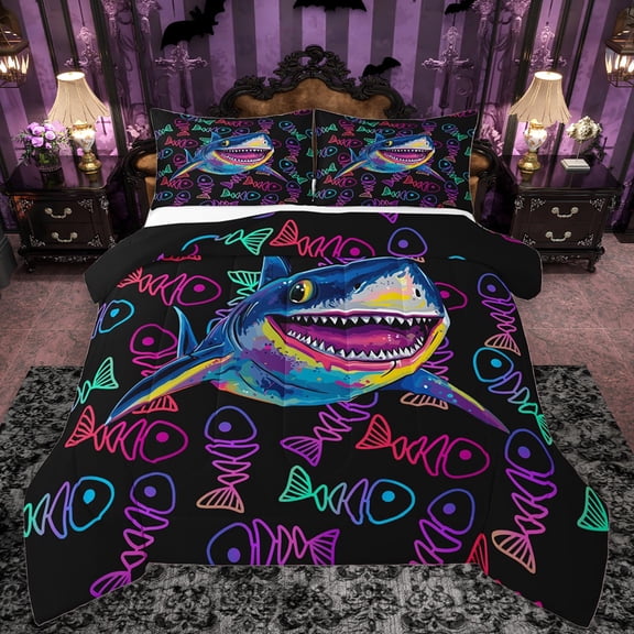 Castle Fairy Marine Shark 3 Pieces Queen Comforter Set for Children Teens,Abstract Gradient Ultra Soft Bedding Sets,Sea Ocean Animal Bedding Comforter Set Breathable,Breathable Home Decor,Reversible