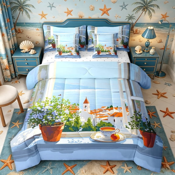 Castle Fairy Mediterranean Window Print Full Size Bedding Sets 7 Pieces,Village Flower Cup Sea Coast Illustration Full Size Bed in a Bag,Sky Orange,Reversible