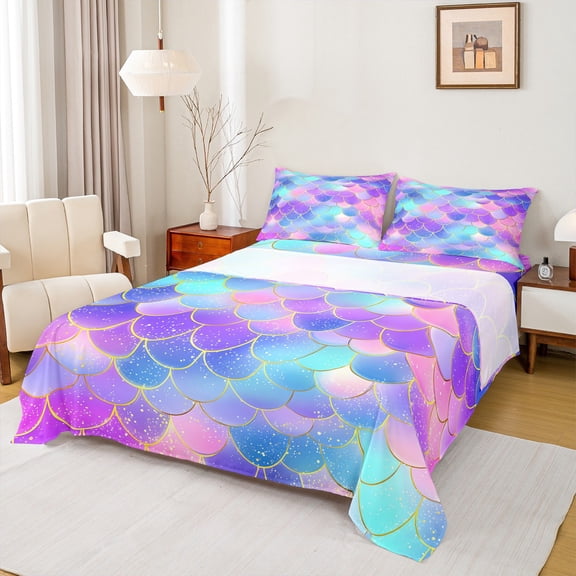 Castle Fairy Mermaid Fishtail Girl 4-Piece Full Size Sheets,Ocean Princess Bed Sheets,Abstract Gradient Lightweight Sheet Sets,Uper Cozy Room Decor