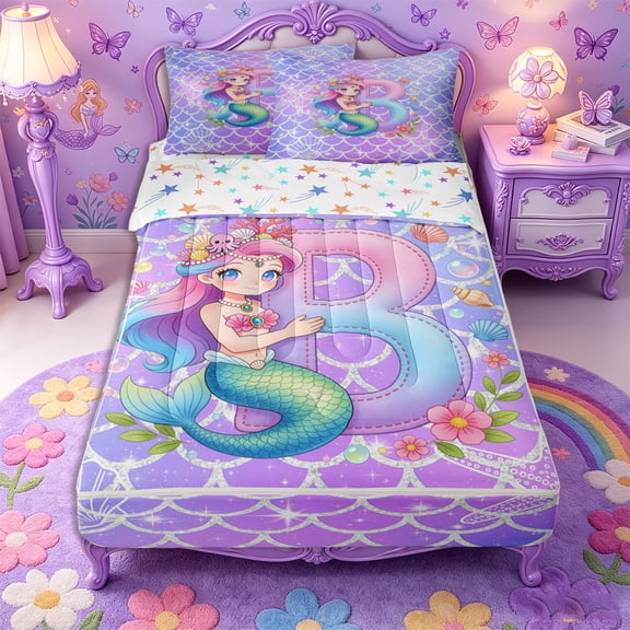 Castle Fairy Mermaid Letter B Zipper Twin Comforter Sets with Fitted Sheet and 2 Pillowcases,Ocean Princess Zipper Bedding Set,4-Piece,Reversible
