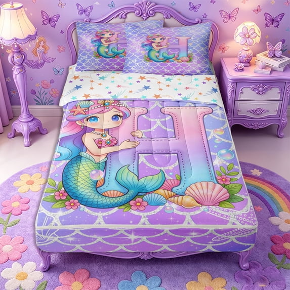 Castle Fairy Mermaid Letter H Zipper Full Size Comforter Sets with Fitted Sheet and 2 Pillowcases,Ocean Princess Zipper Bedding Set,4pcs,Reversible
