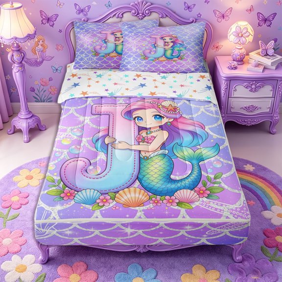 Castle Fairy Mermaid Letter J Zipper Full Size Comforter Sets with Fitted Sheet and 2 Pillowcases,Sparkle Pattern Zipper Bedding Set for Girls,4pcs,Reversible