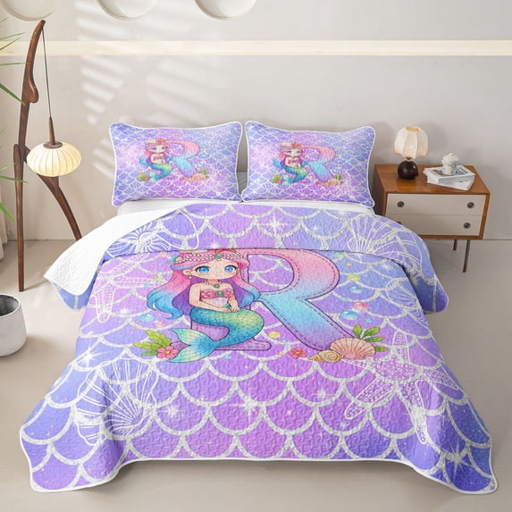 Castle Fairy Mermaid Letter R Twin Quilt Set,Ocean Princess Twin Coverlet Set