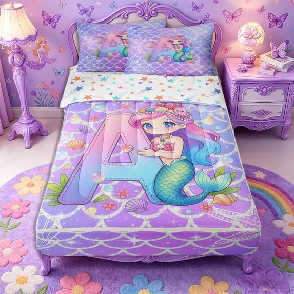 Castle Fairy Mermaid Letter A Zipper Twin Comforter Sets with Fitted Sheet and 2 Pillowcases,Cartoon Sea Princess Zipper Bedding Set,4-Piece,Reversible