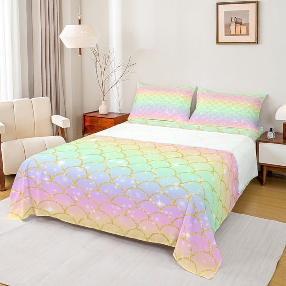 Castle Fairy Mermaid Tail 3pcs Twin Sheet Sets,Gradient Rainbow Twin Fitted Sheet,Stars Glitter Breathable Flat Sheet,Breathable Dreamy Princess Home Decor