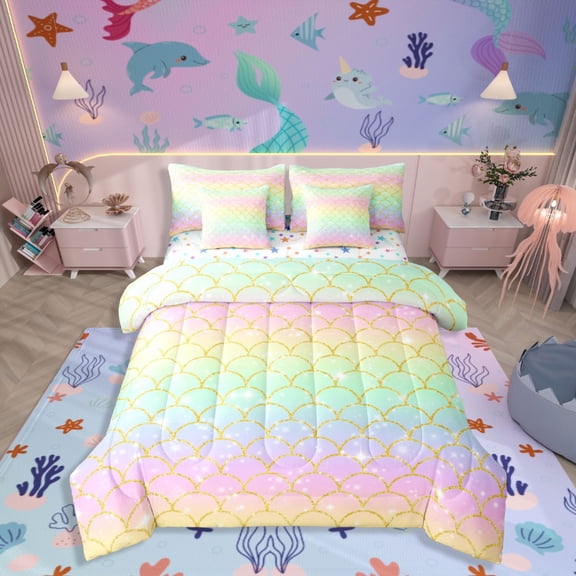 Castle Fairy Mermaid Tail 7-Piece Bedding Comforter Set,Gradient Rainbow King Bedding Sets,Stars Glitter Ultra Soft Bed Sheets,Breathable Dreamy Princess Home Decor,Reversible
