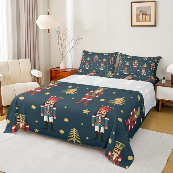 Castle Fairy Merry Christmas 4-Piece Full Size Sheets,Cartoon Nutcracker Bed Sheets,Festival Theme Lightweight Sheet Sets,Breathable Xmas Home Decor
