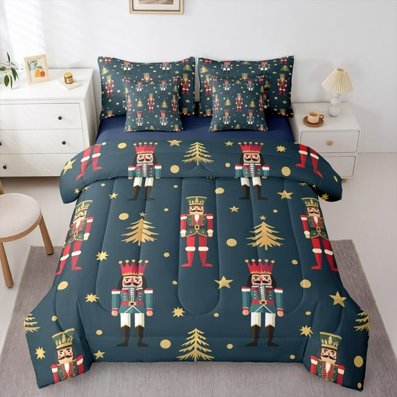 Castle Fairy Merry Christmas 7-Piece Twin Bedding Sets,Cartoon Nutcracker Bedding Comforter Set,Festival Theme Breathable Sheet Sets,Breathable Xmas Home Decor,Reversible