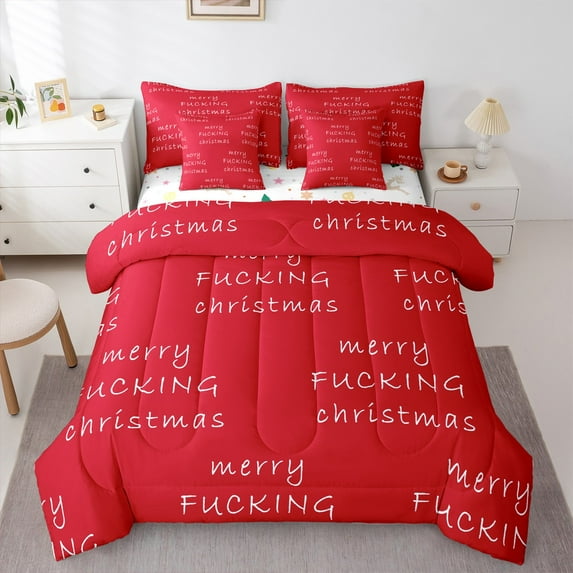 Castle Fairy Merry Christmas 7pcs Bedding Comforter Set for Teens,Red White Queen Bedding Sets Super Cozy,Happy New Year Queen Sheet Sets,Breathable Home Decor